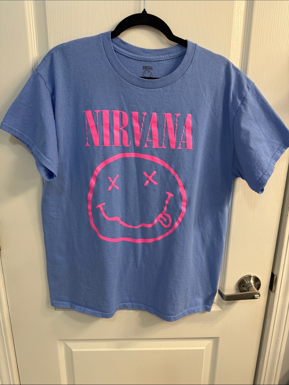 NIRVANA Sky Blue Graphic Tee with Neon Pink Logo